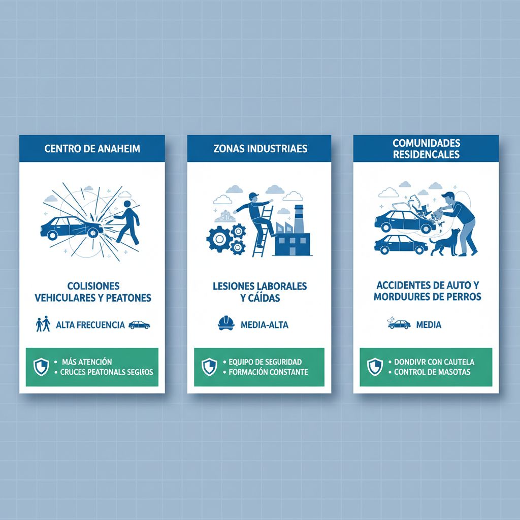 Infografía comparativa de áreas de alto riesgo de accidentes en Anaheim con iconos y consejos de seguridad