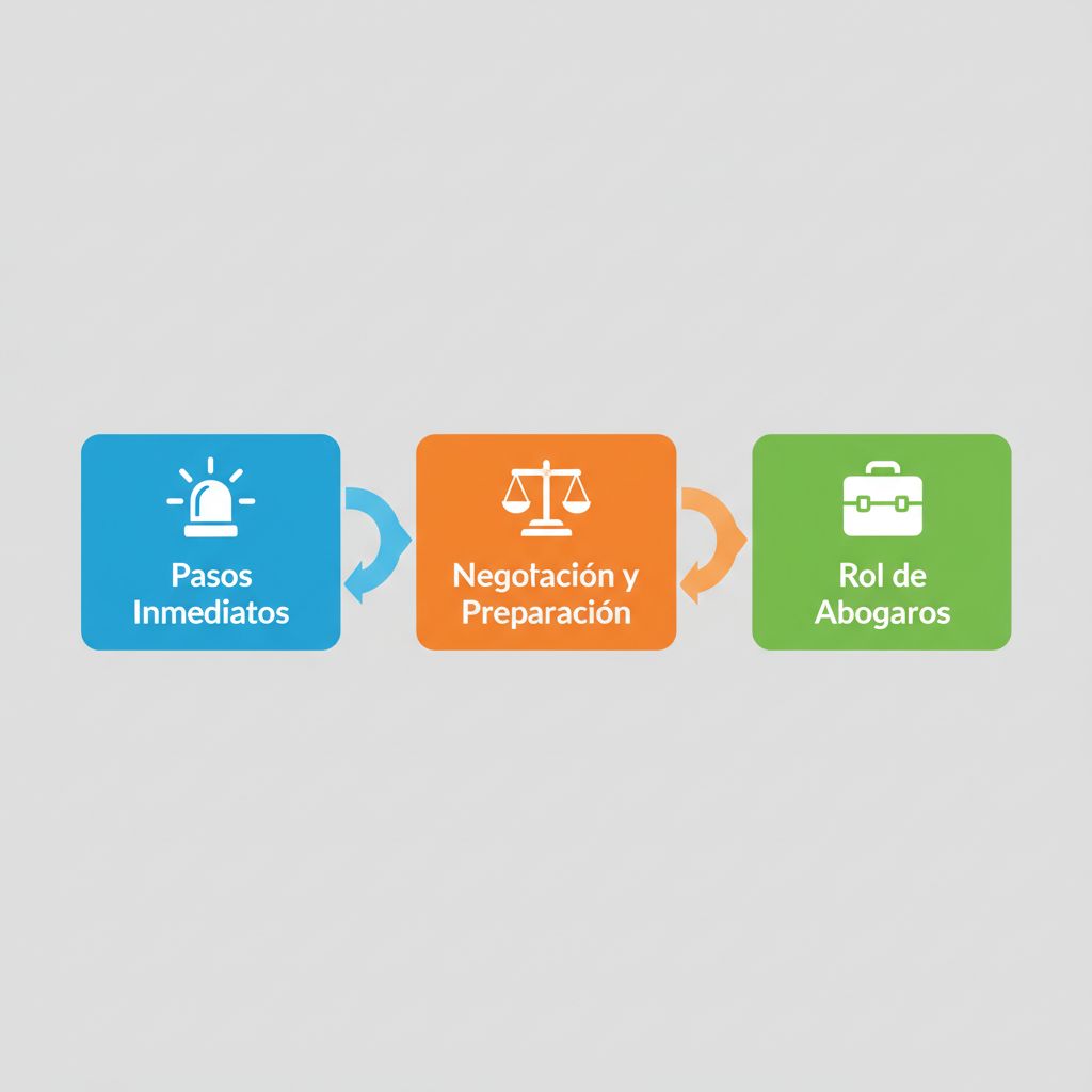 Diagrama de flujo del proceso de reclamación por accidente con tres etapas conectadas