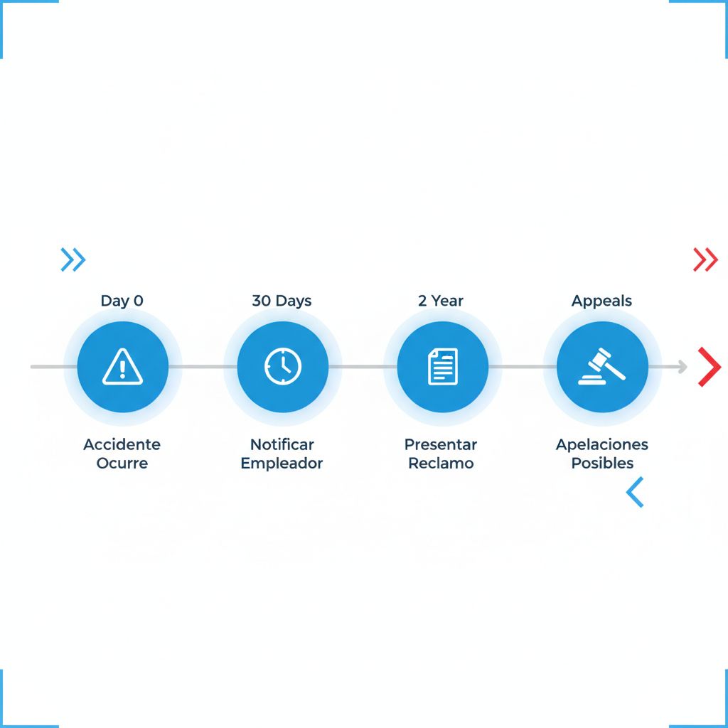 Línea de tiempo horizontal ilustrando plazos clave para gestionar reclamaciones por accidentes laborales en Anaheim, con marcadores icónicos y descripciones breves en español.