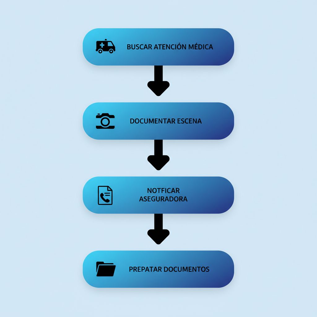 Diagrama de flujo vertical con cinco etapas para pasos iniciales tras un accidente de carro en Anaheim, incluyendo atención médica, documentación y contacto con abogado.